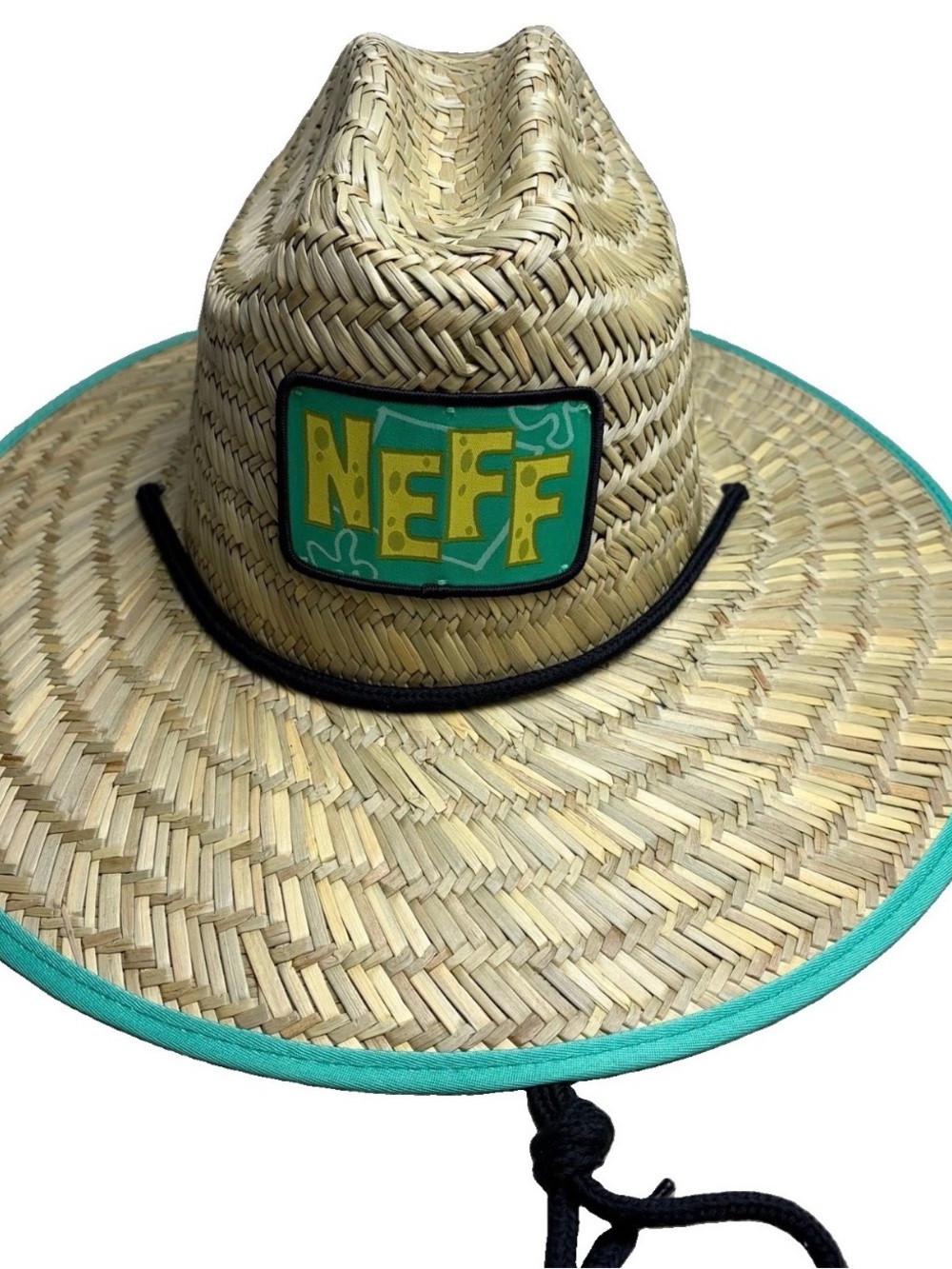 Neff Kids Natural Straw Sun Hat with Teal Trim and Black Chin Cord